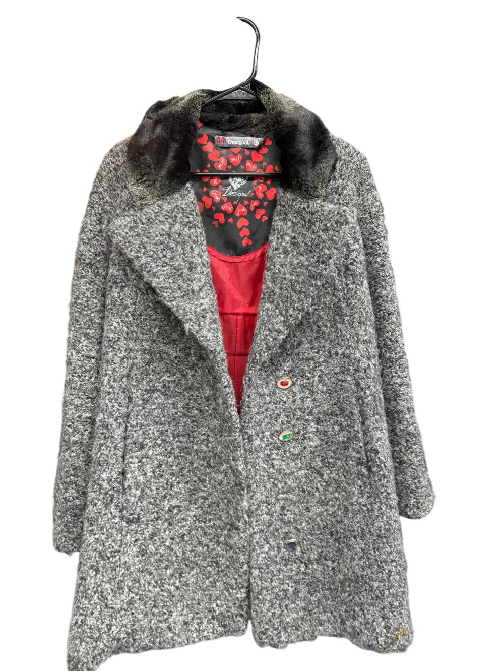 Desigual Gray Bouclé Pea Coat with Faux Fur Collar and Red Lining